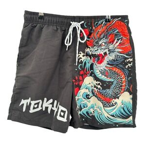 Japanese Dragon Swim Trunks Mens Medium Y2K Anime Streetwear Board Shorts